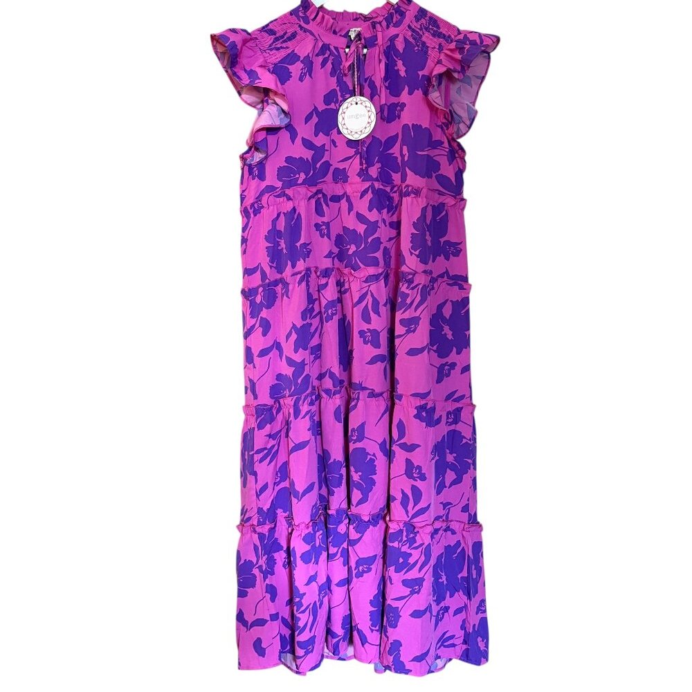 Umgee NWT Magenta Floral Smocked Tiered Ruffle Flounce Midi Dress size M
